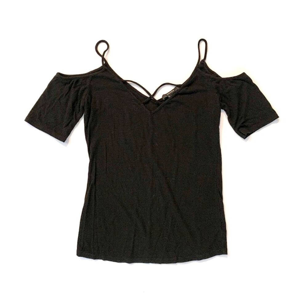 Black Cold Shoulder Criss Cross Strappy Ribbed Top